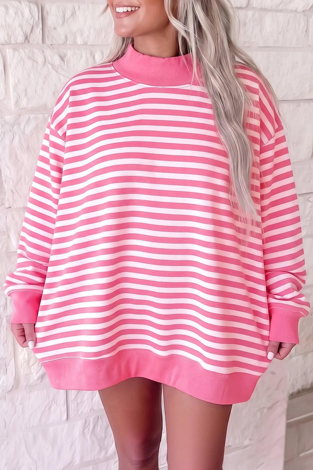 Gray Stripe Cozy Mock Neck Oversized Tunic Sweatshirt