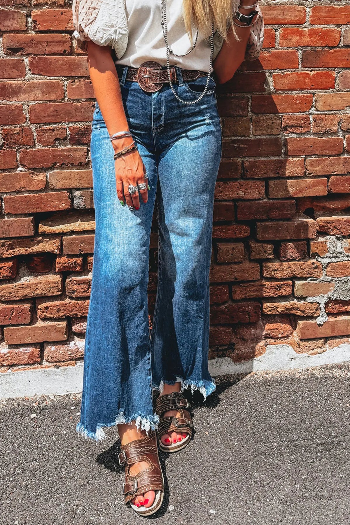 Ashleigh Blue High Waist Frayed Hem Flare Jeans – Dark Blue