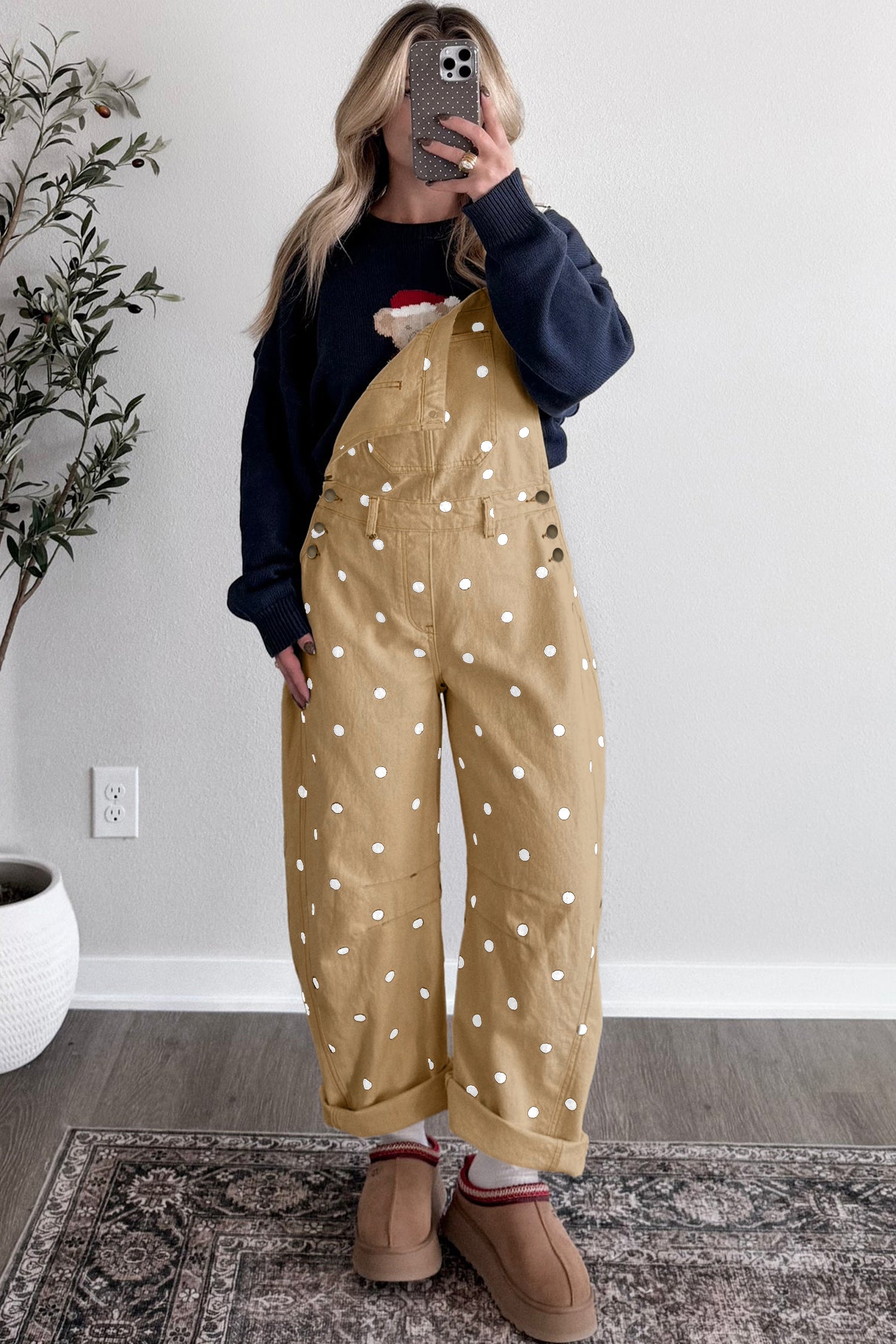 Polka Dot Print Bib Pocket Denim Barrel Overalls