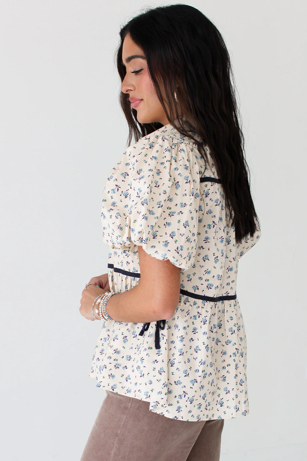 White Contrast Trim Floral Puff Short Sleeve Shirt BB Fashion Outlet