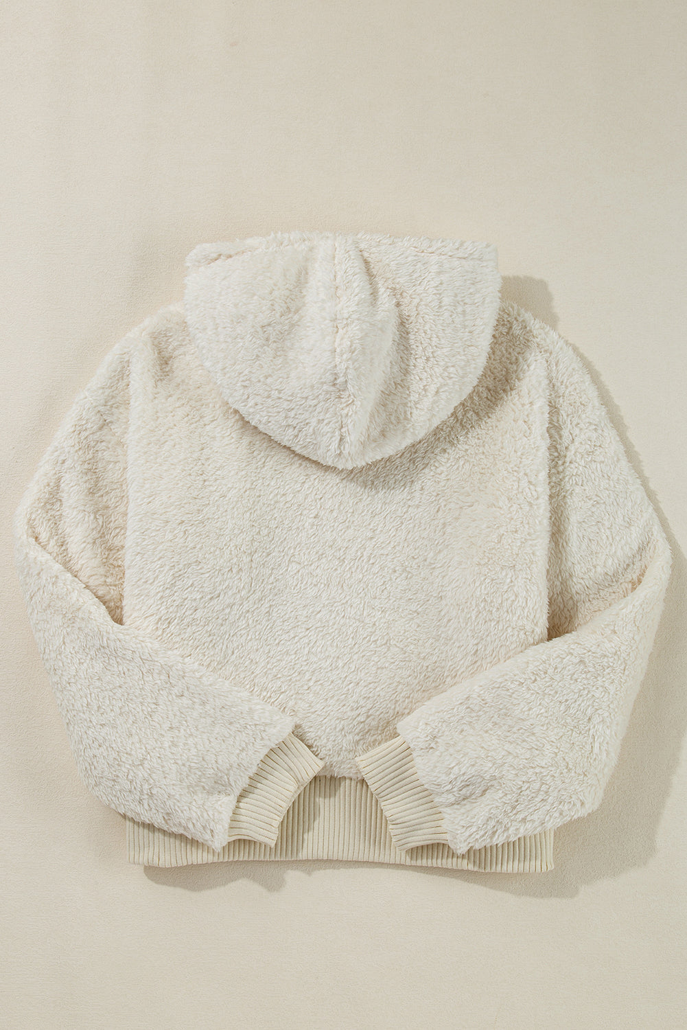 White Contrast Ribbed Edge Plush Hoodie eAura