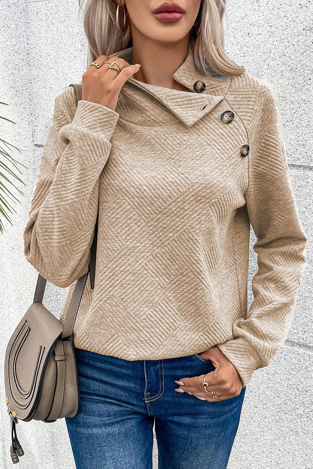 Asymmetric Buttons Detail High Neck Textured Sweatshirt eAura
