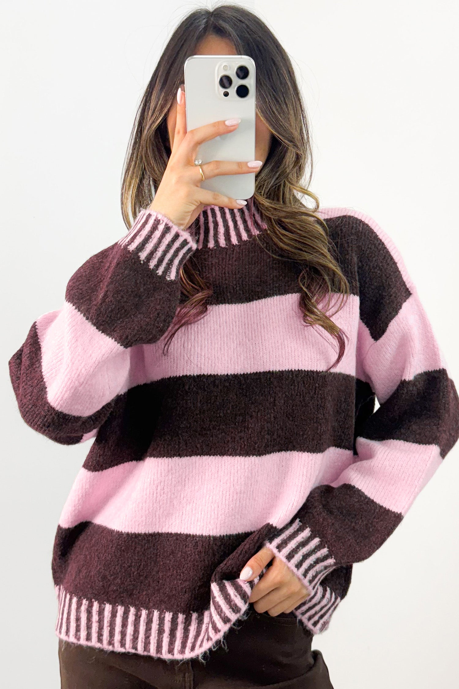 Contrast High Neck Dropped Shoulder Relaxed Pullover Sweater – Pink Stripe