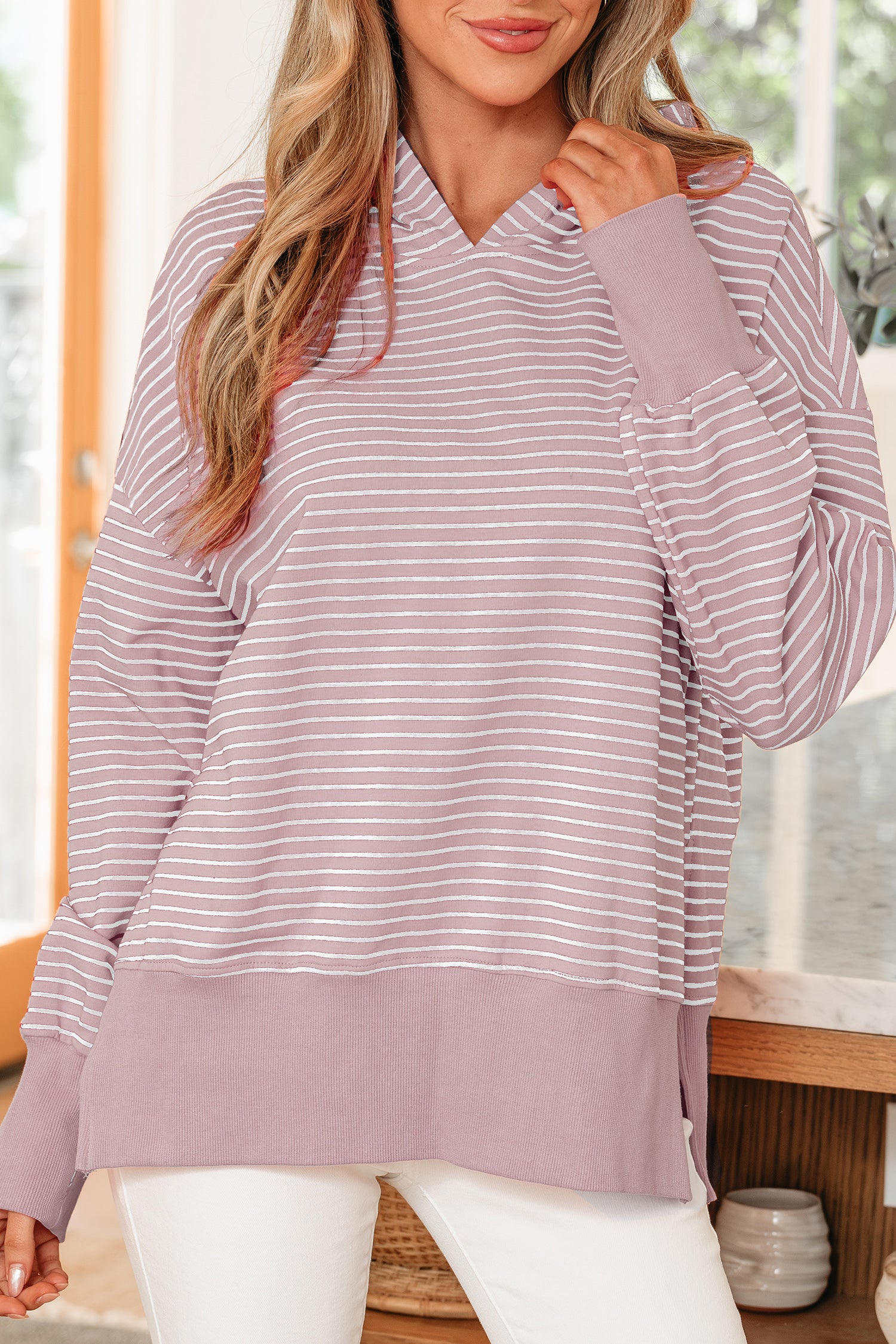 Stripe Thumbhole Side Slits Drop Shoulder Loose Fit Hoodie
