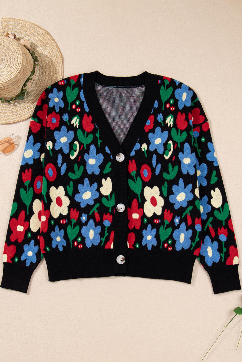 Floral Print V-Neck Buttoned Short Cardigan Sweater - eAura