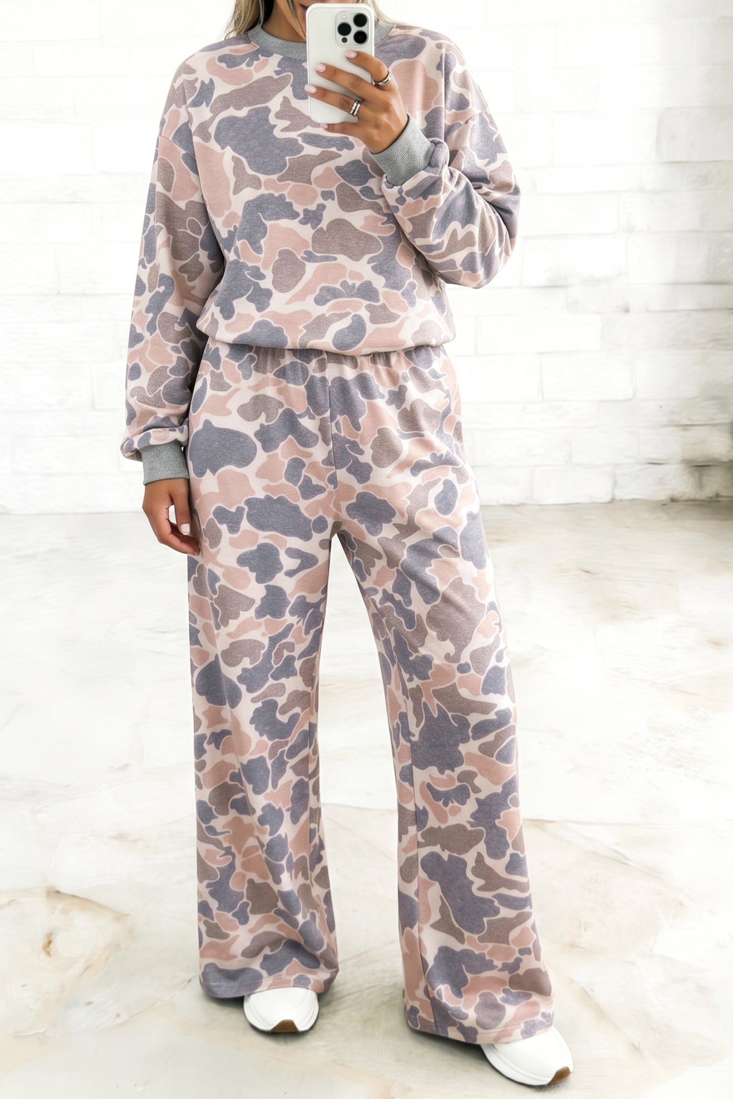 Camouflage Print Long Sleeve Top Loose 2pcs Pants Set – Multicolour