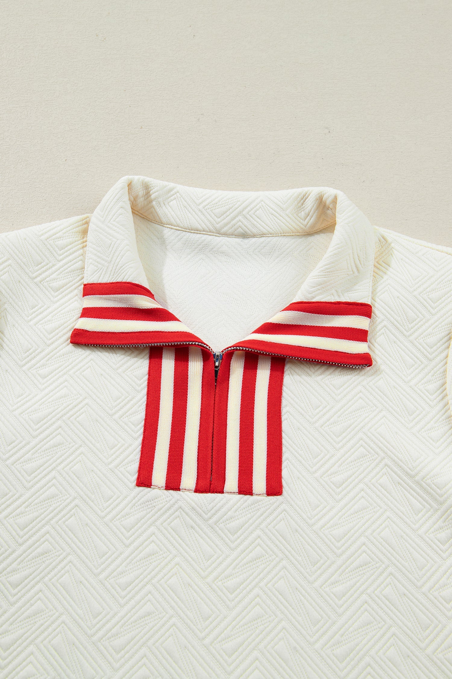 Textured Contrast Striped Accent Zip Collar Pullover Top - eAura