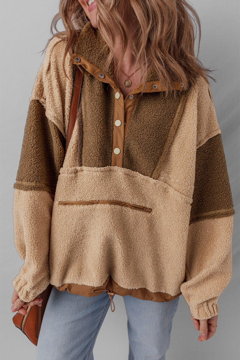 Straw Yellow 2-tone Color Block Patchwork Half Button Sherpa Sweatshirt - eAura