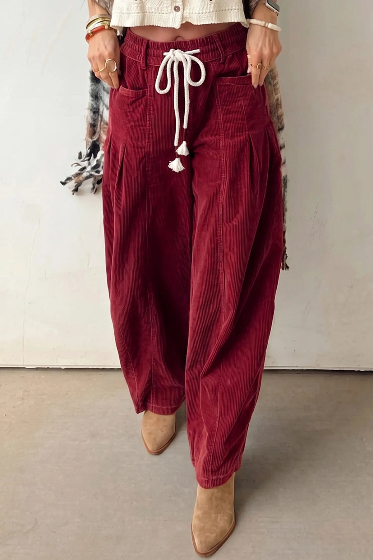 Elastic Waist Drawstring Ribbed Casual Pants – Racing Red