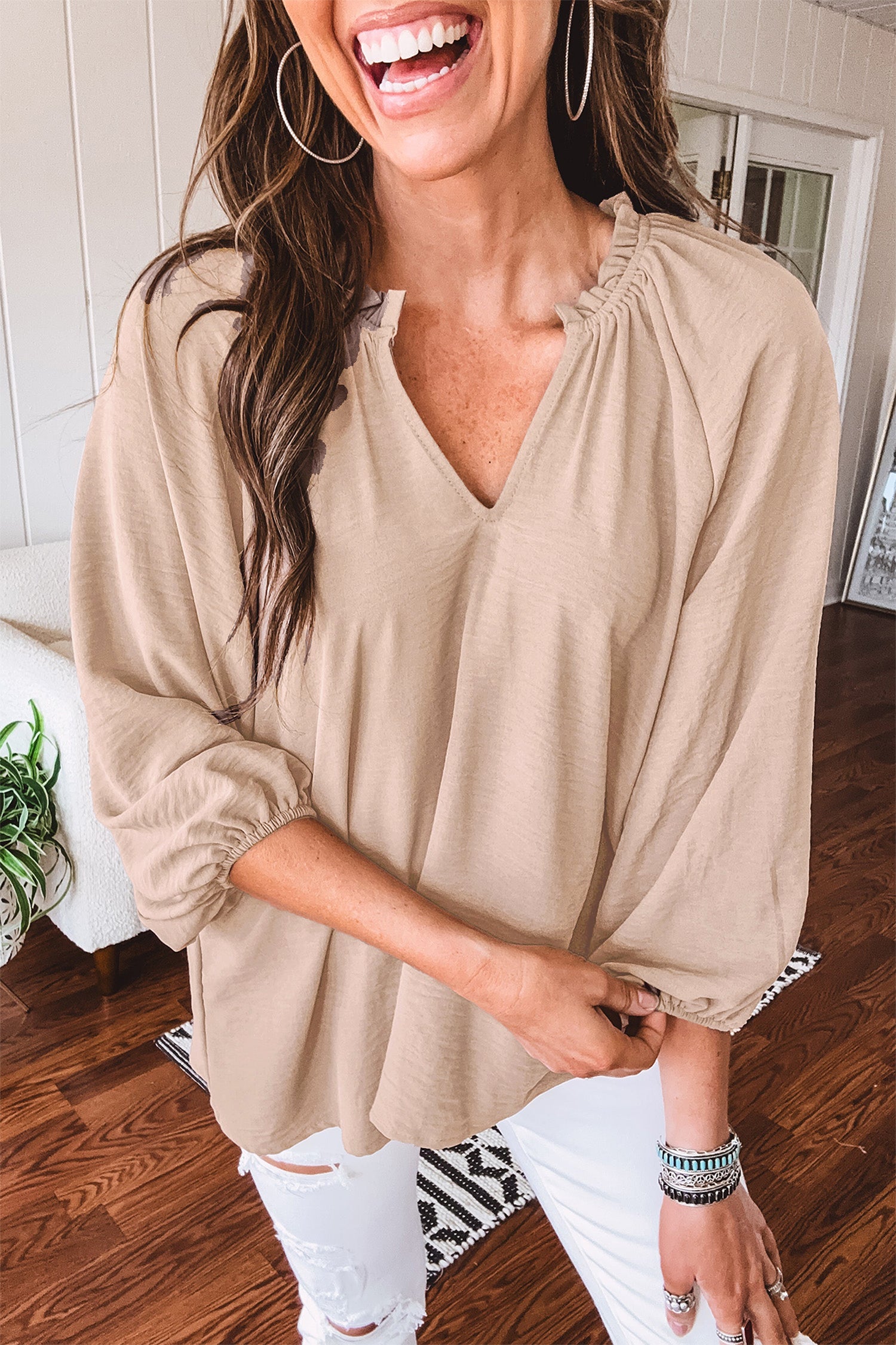 V Neck Gathered Cuff Three Quarter Sleeve Blouse – Parchment