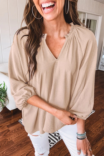 V Neck Gathered Cuff Three Quarter Sleeve Blouse – Parchment