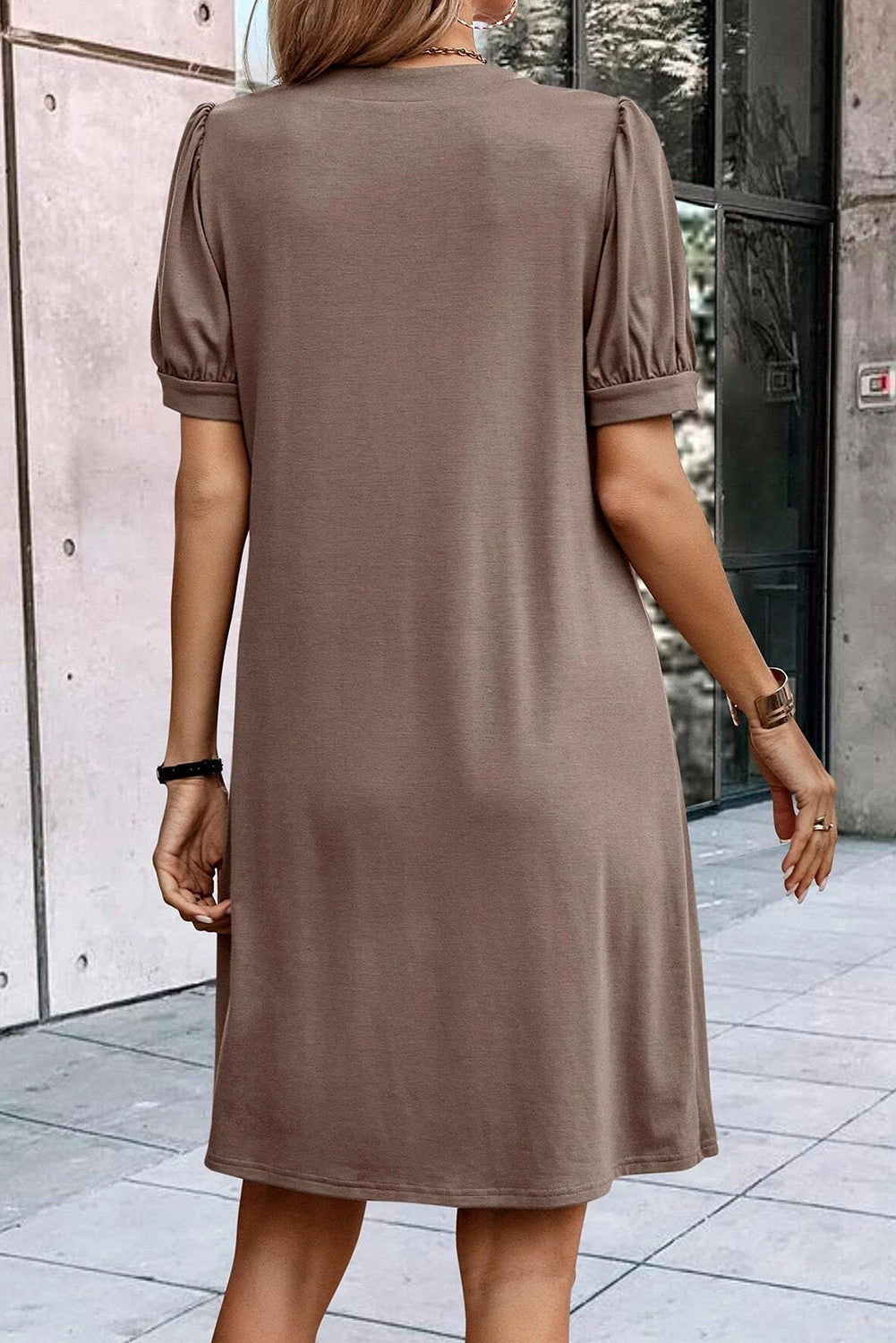 Fern Green Notched Neck Pleated Puff Sleeve Shift T-shirt Dress eAura