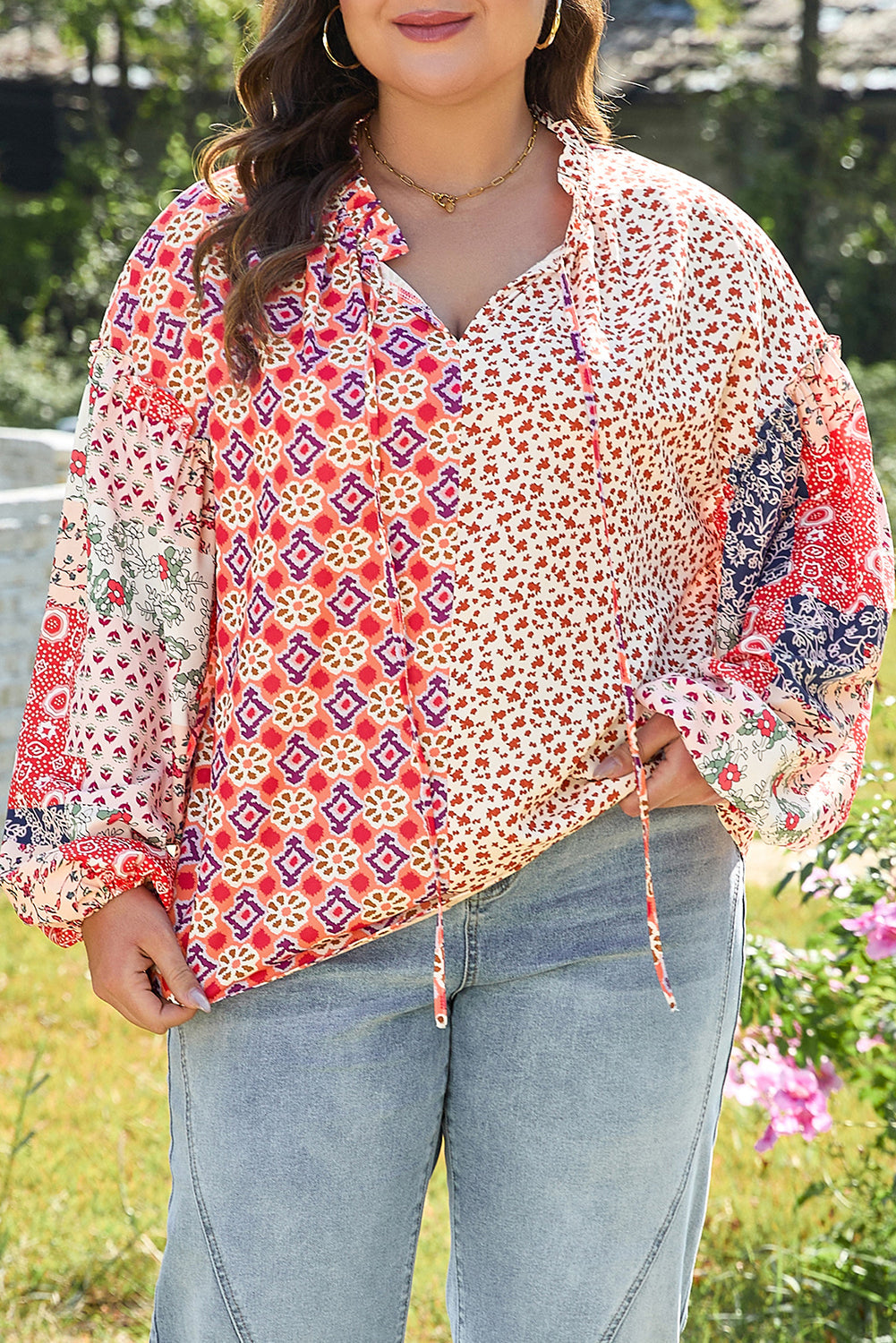 Orange Floral Geometric Patchwork Lace-up Crewneck Plus Size Blouse BB Fashion Outlet