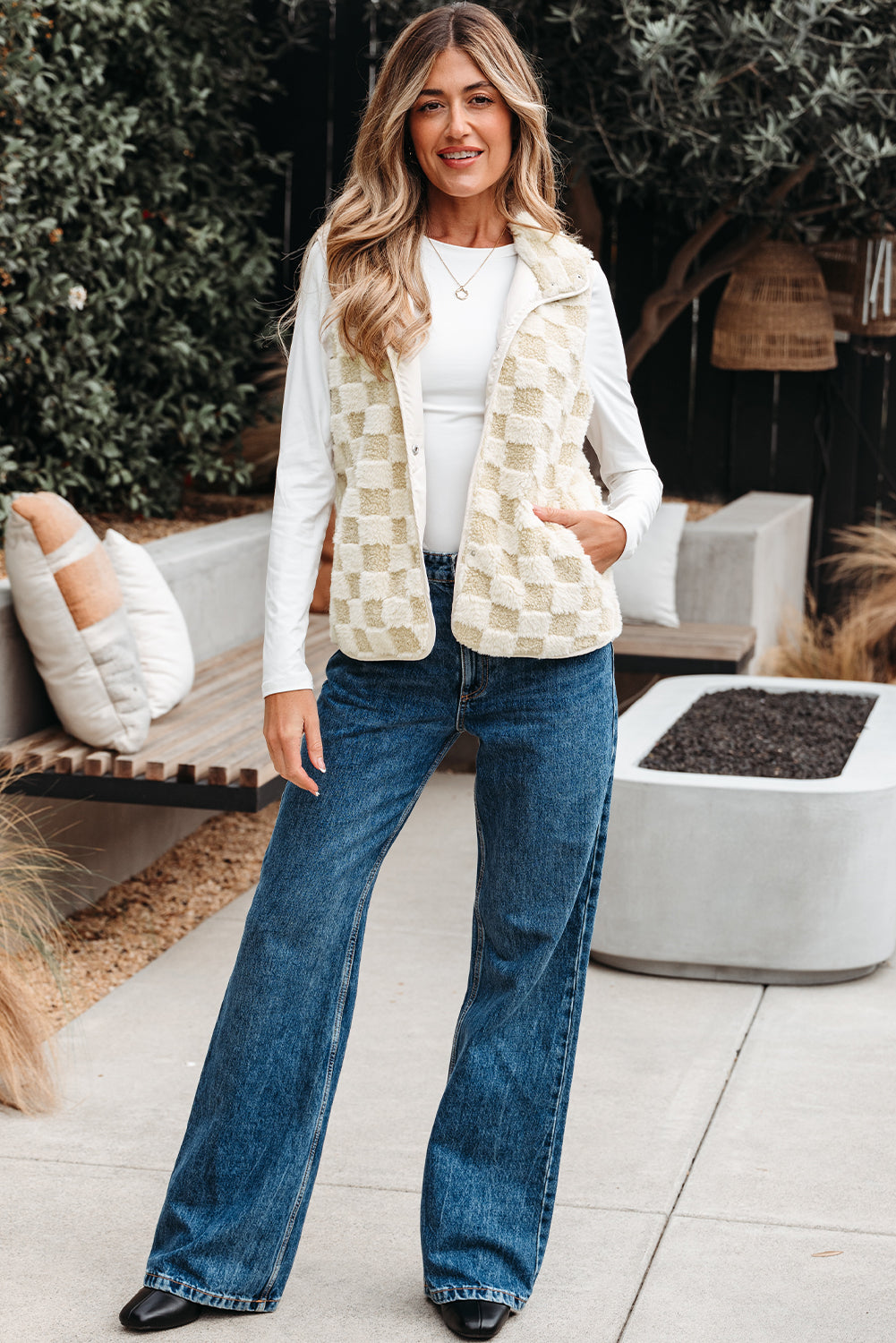 Sherpa Checkerboard Snap Button Gilet Jacket With Pocket eAura