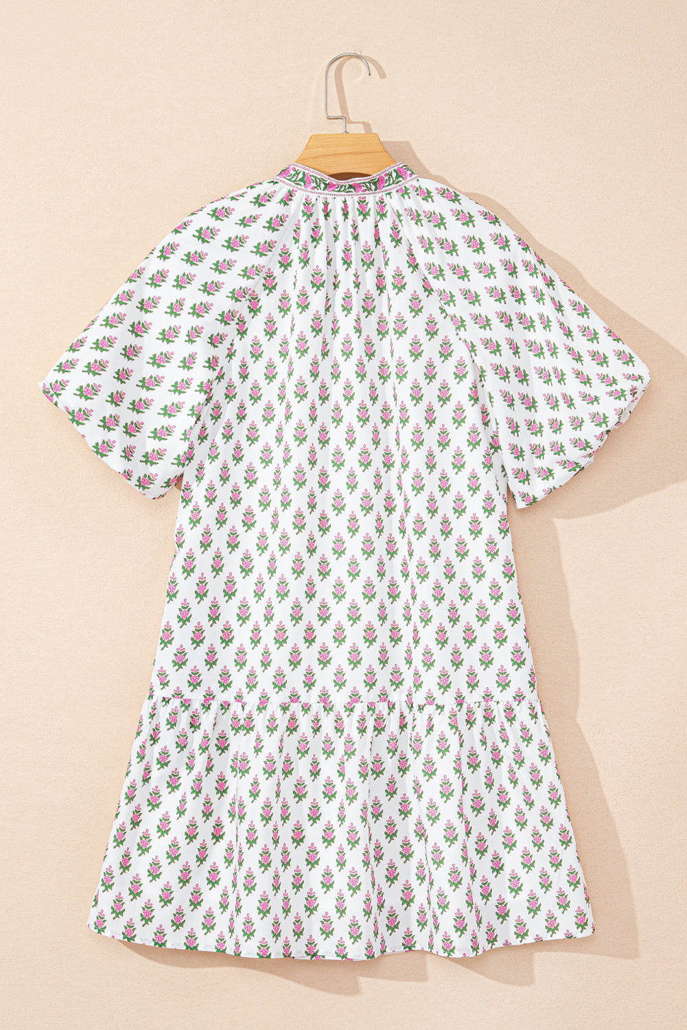 Pink Floral Print Bubble Sleeve Neck Tie Ruffled Dress eAura