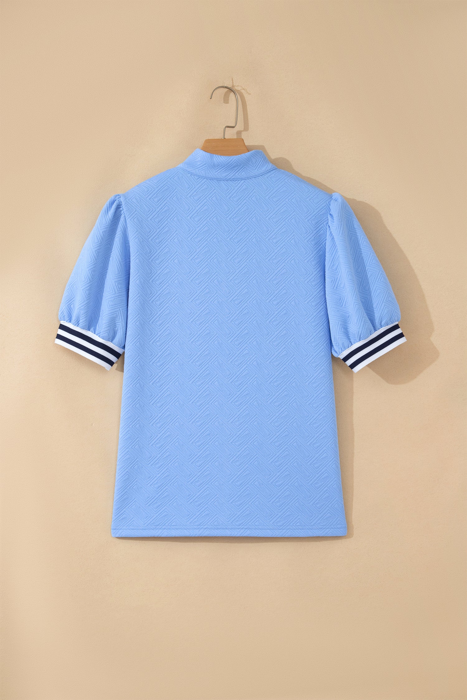 Myosotis Stylish Textured Stripe Trim Split Neck Puff Sleeve Top – Blue