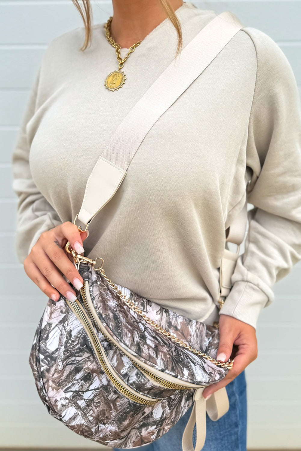 Black Camouflage Print Double Zipper Crossbody Bag