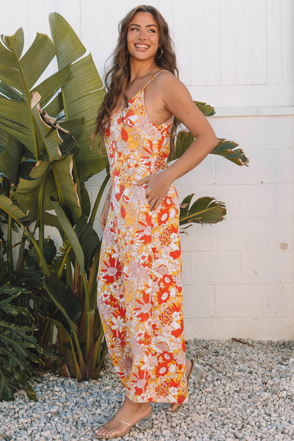Orange Floral V Neck Wide Leg Sleeveless Jumpsuit eAura