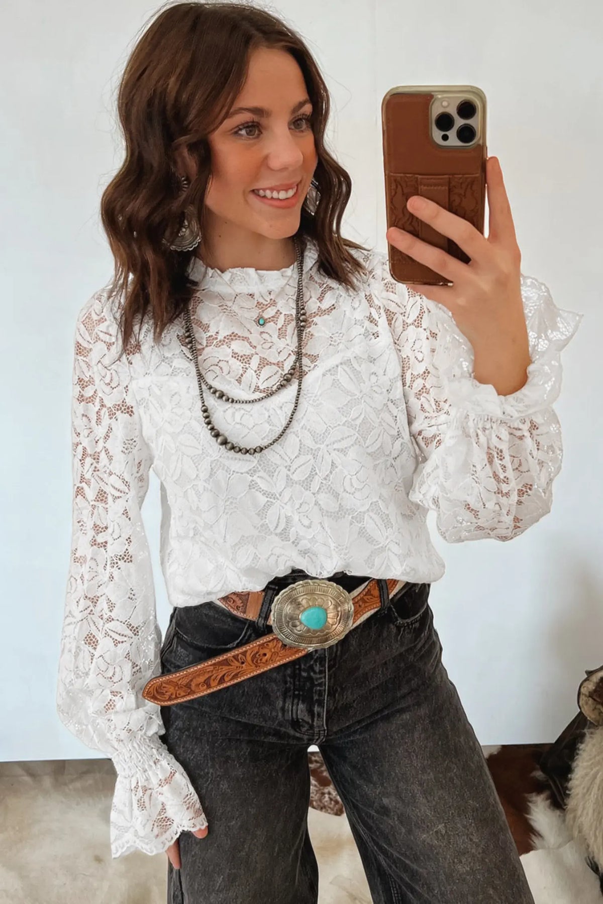 Ruffled Round Neck Long Flounce Sleeve Sheer Lace Blouse – White