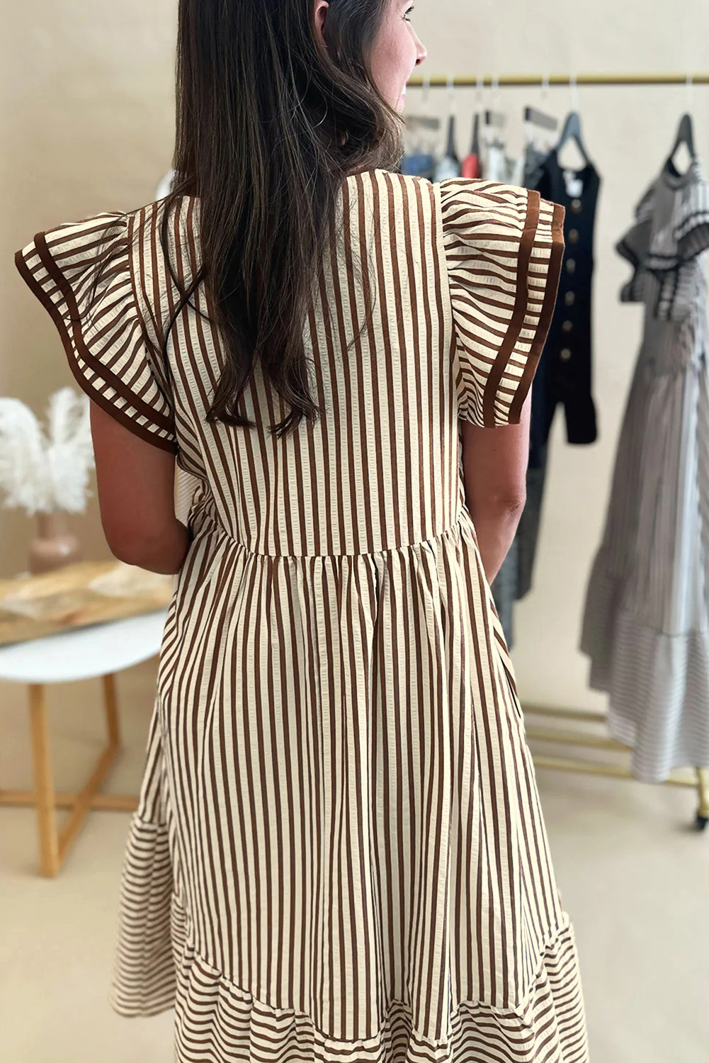 Striped Double Ruffled Short Sleeve Contrast Trim V-Neck Midi Dress