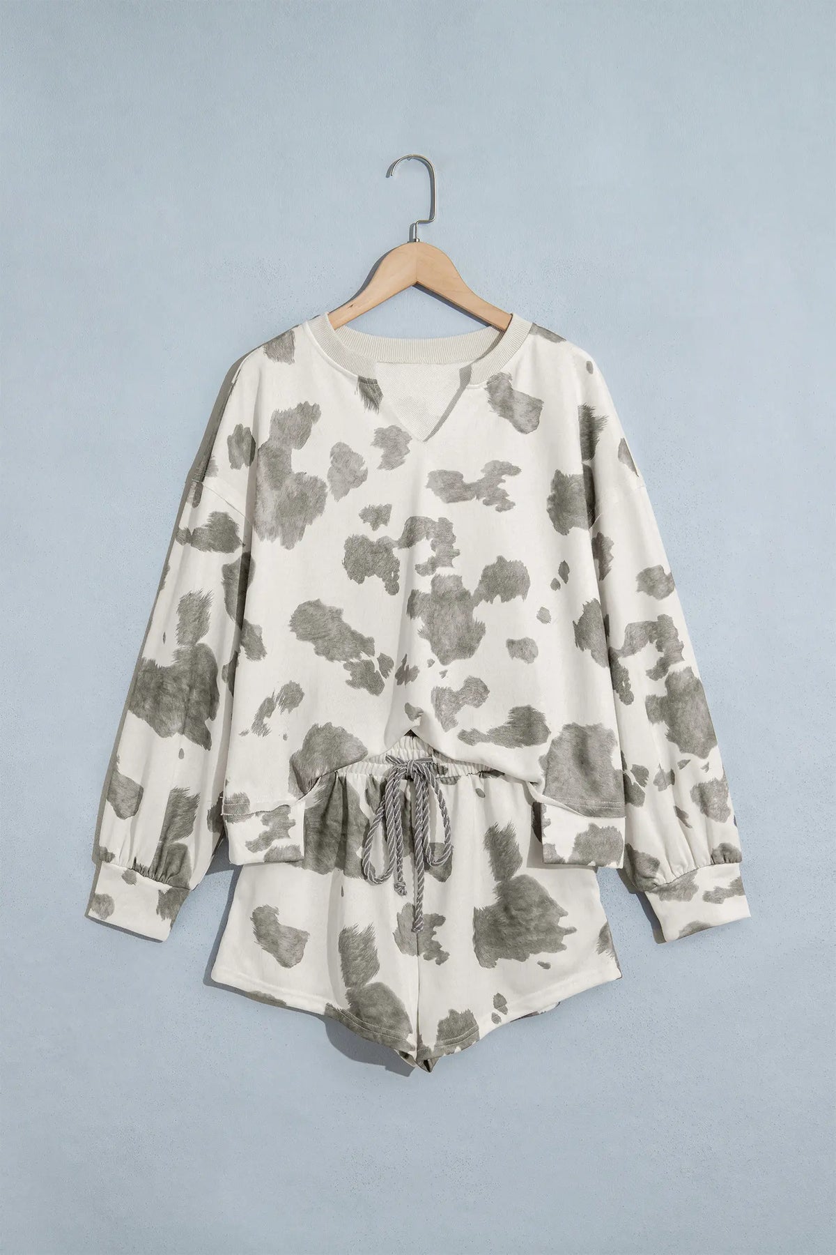 Western Print Raw Hem Long Sleeve Top Drawstring Shorts Set – Grey
