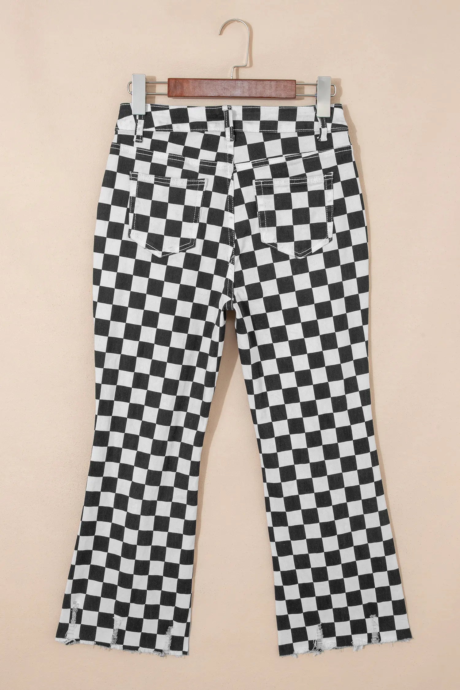Black Checkerboard Print Distressed Holes Raw Edge Cropped Jeans