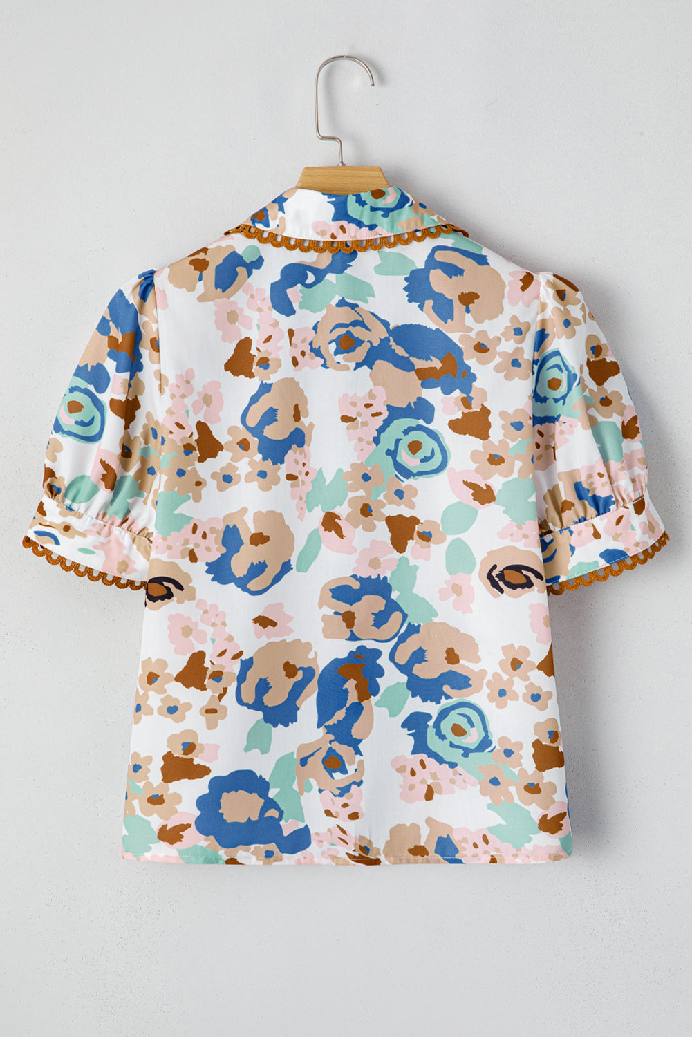 Multicolour Floral Print Ricrac Trim Collared Puff Short Sleeve Shirt eAura