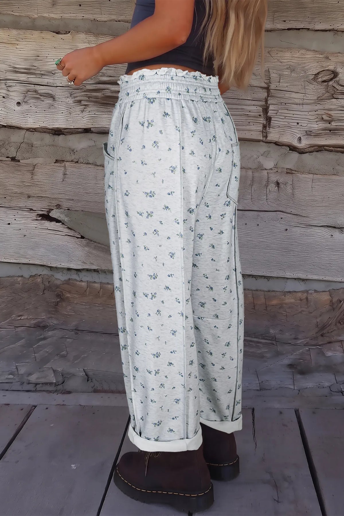 Floral Print Elastic Waist Regular Fit Pants – Grey