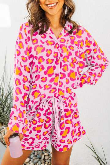 Pink Leopard Print Long Sleeve Shirt and Shorts Pyjamas Set Beagle Boutique Fashion Outlet