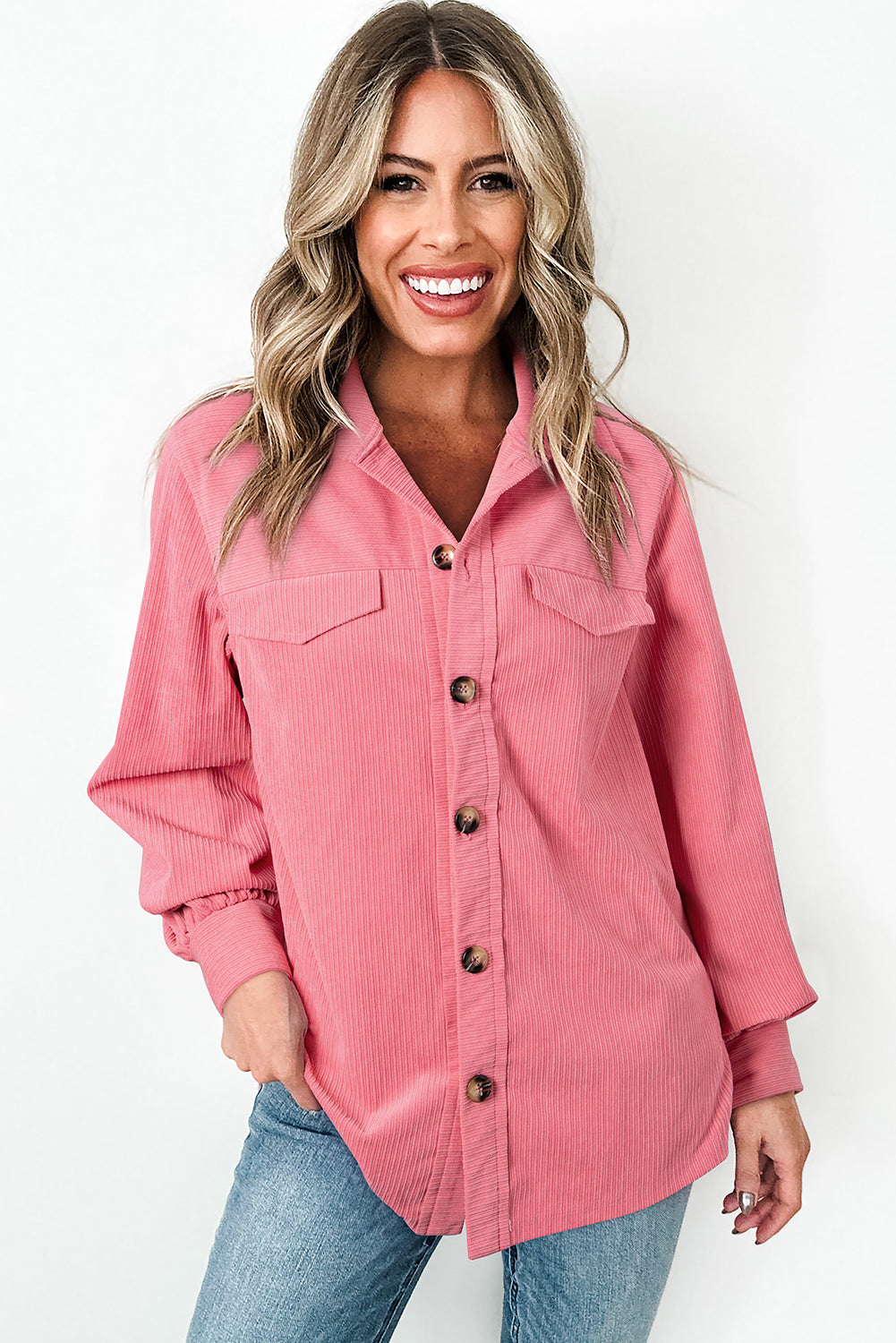 Bonbon Corduroy Flap Detail Button Up Split Shacket eAura
