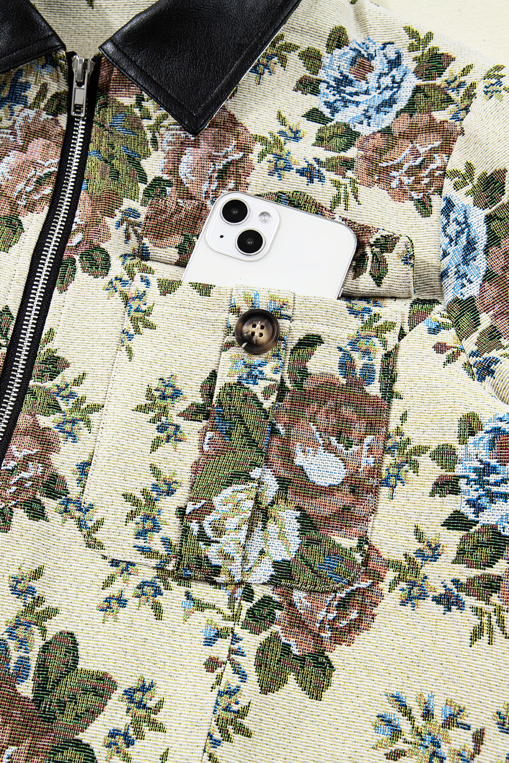 Khaki Floral Print Zip Up Contrast Collared Jacket - eAura