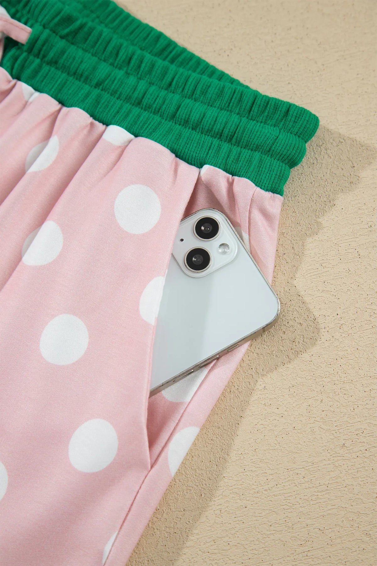 Polka Dot Contrast Trim Long Sleeve Top Drawstring Shift Pants Set – Pink