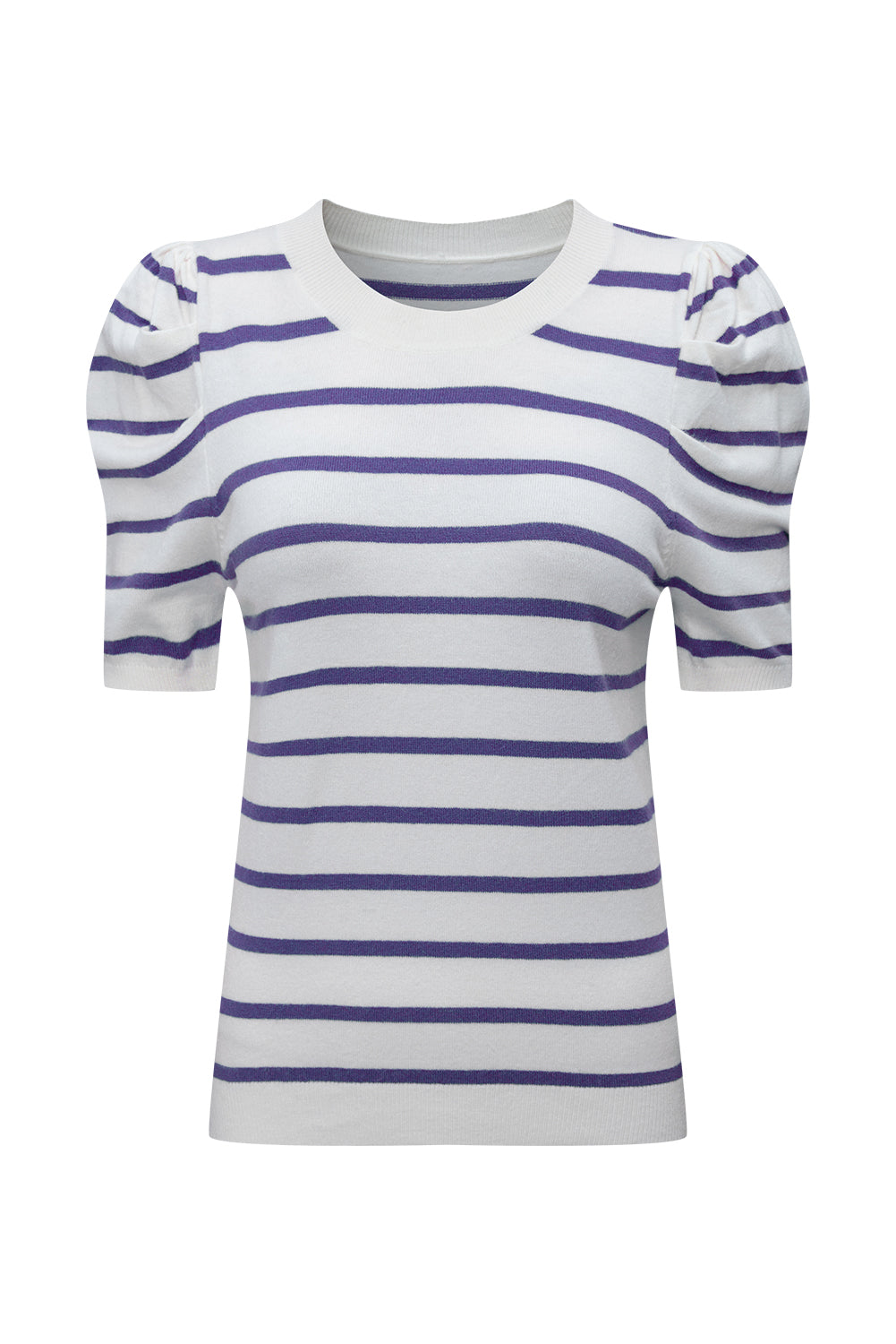 Ribbed Trim Round Neck Bubble Sleeve Knitted Top eAura