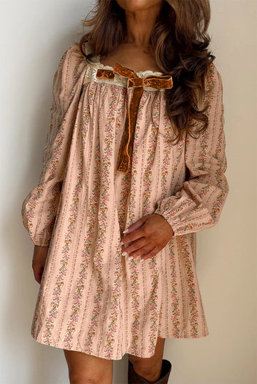 Floral Print Contrast Velvet Bow Lace Patchwork Long Sleeve Loose Mini Dress - eAura