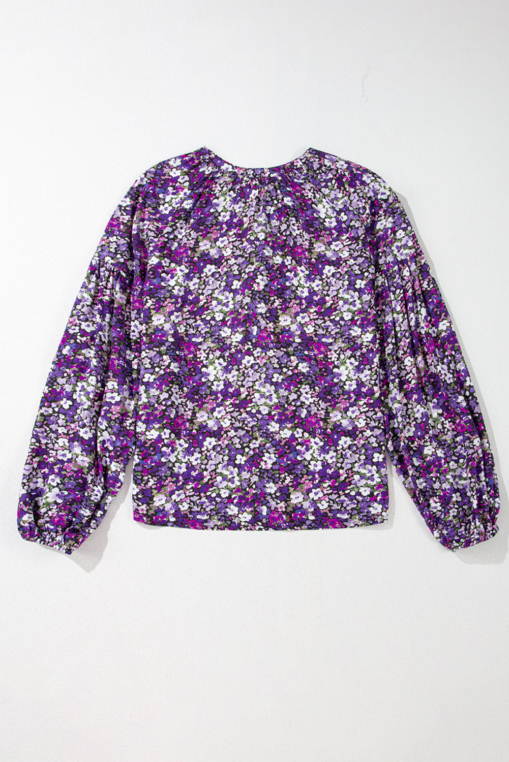 Purple Boho Flower Split V Neck Bubble Sleeve Blouse eAura