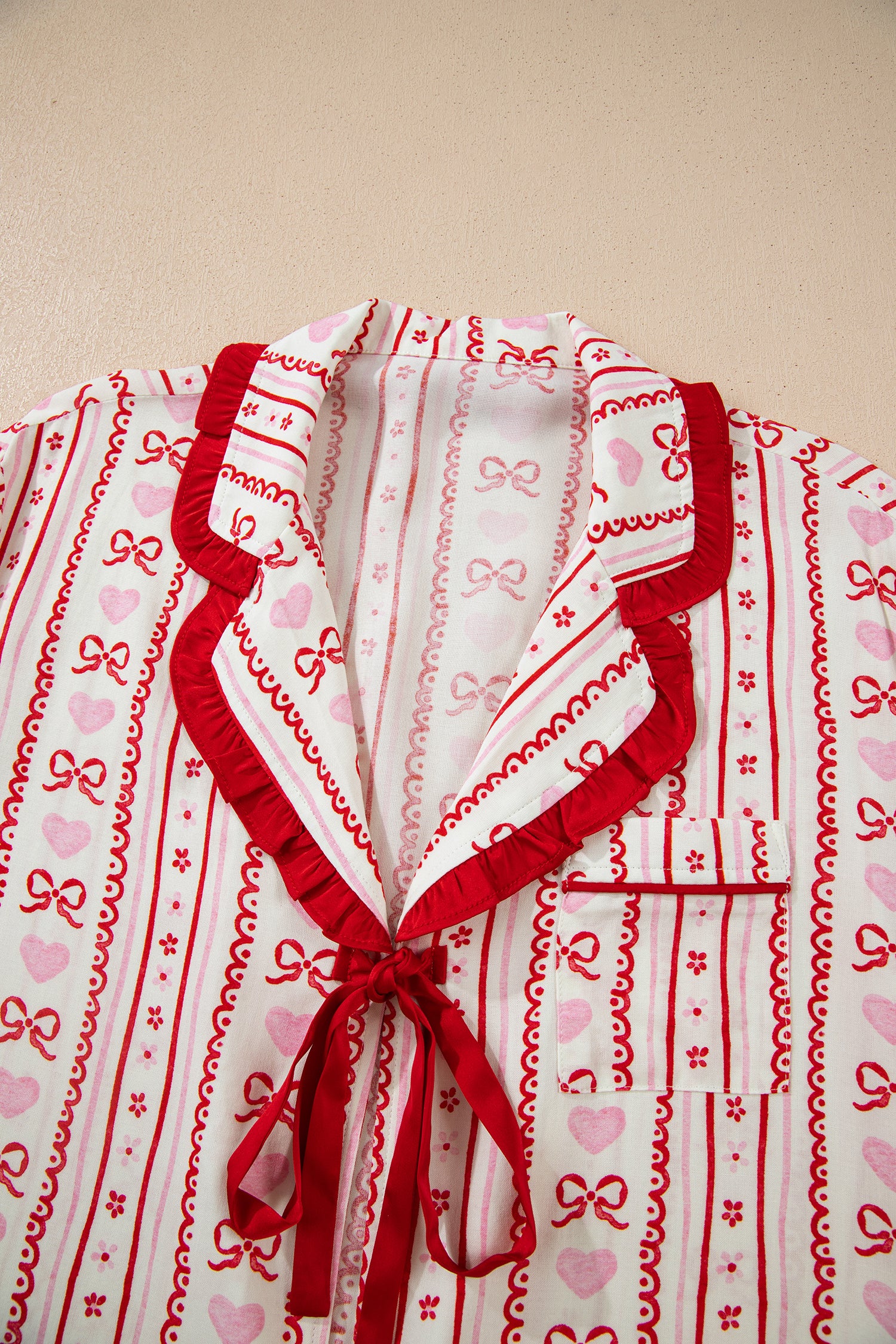 Sweet Floral Heart Bow Print Contrast Trim Long Sleeve Shirt Pajama Short Set – Red