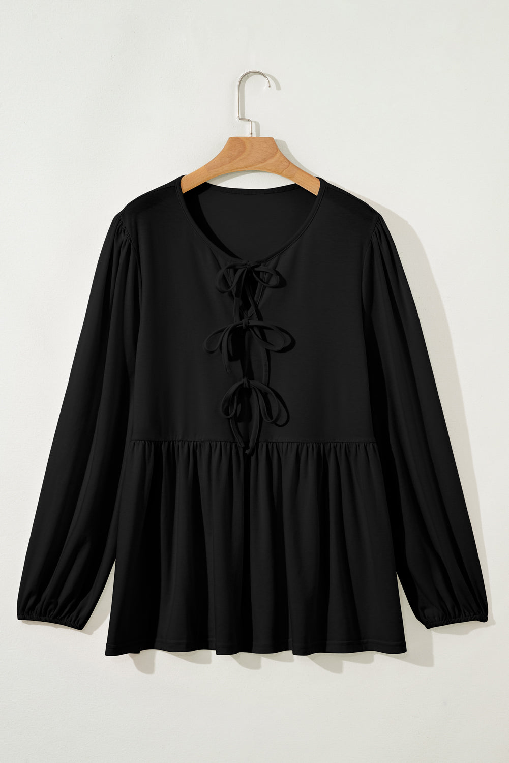 Solid Color Bow Tie Front Long Sleeve Plus Size Peplum Blouse – Black