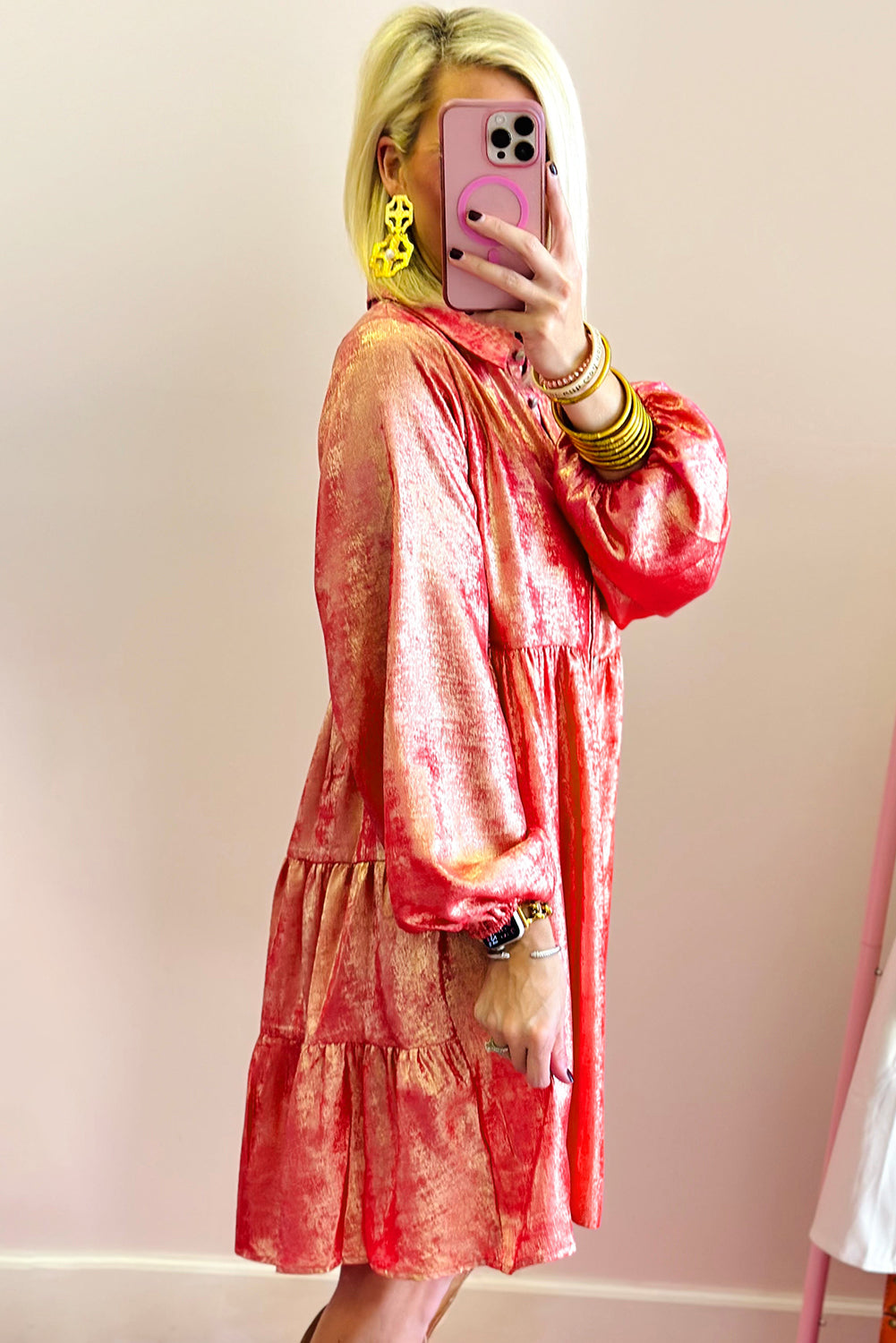 Peach Blossom Metallic Sheen Puff Sleeve Button Up Mini Shirt Dress eAura