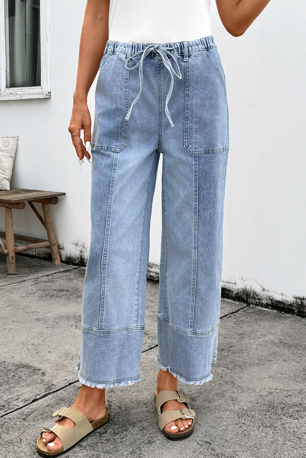 Drawstring Seam Detail Raw Hem Wide Leg Denim Jeans - eAura