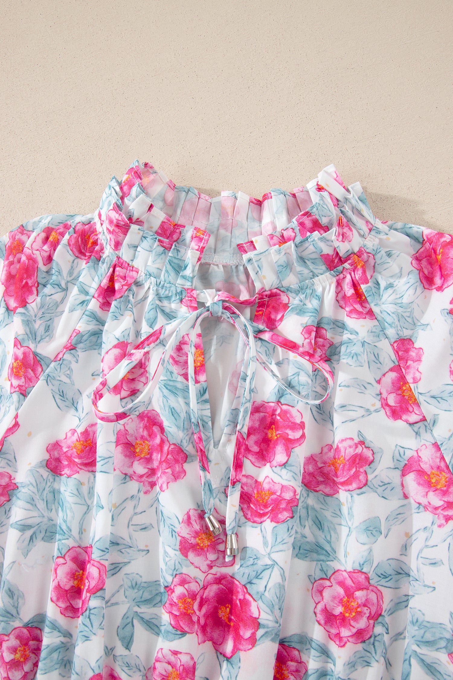 Floral Tie V-Neck Puff Sleeve Ruffle Tiered Midi Dress