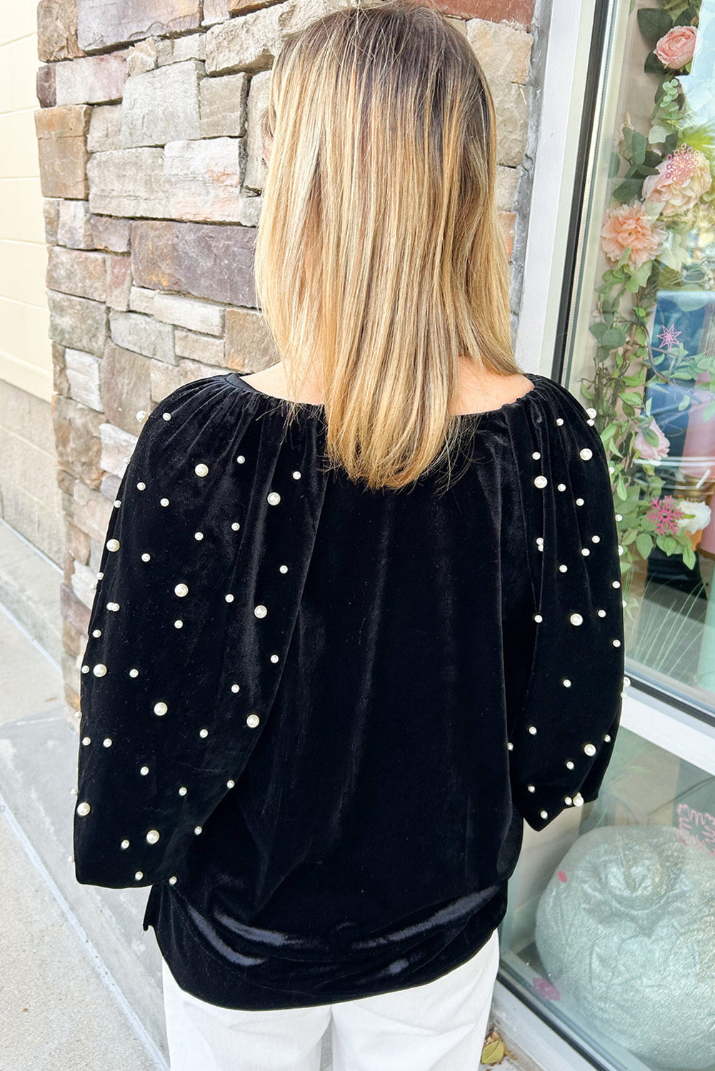 Black Pearl Beaded Half Sleeve Velvet Top eAura