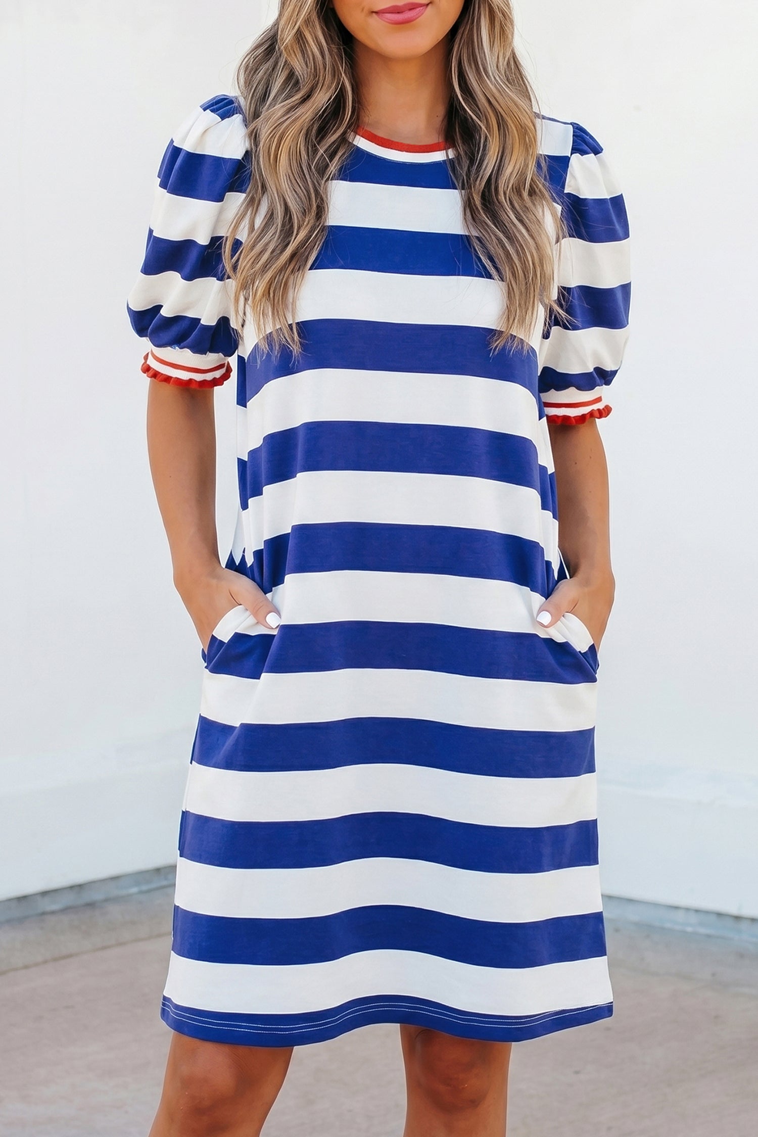 Stripe Contrast Trim Round Neck Short Puff Sleeve Shift Mini Dress