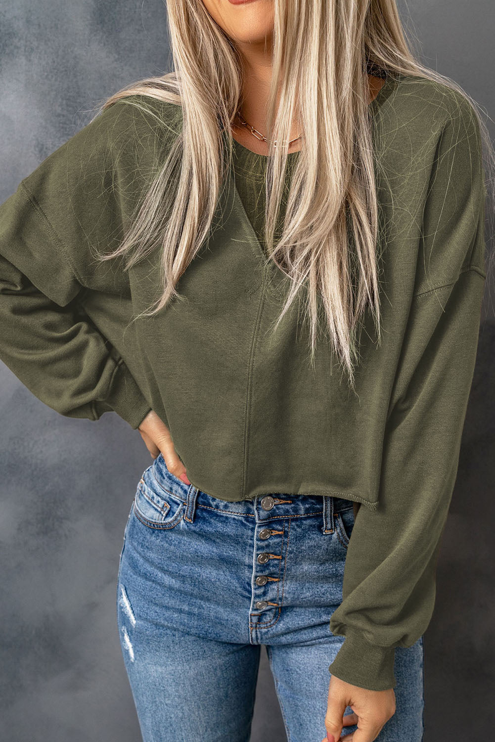 Green Drop Shoulder Cropped Sweatshirt eAura