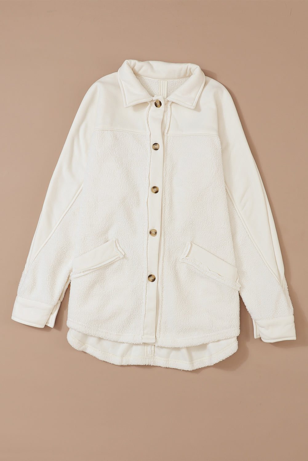 Beige Button-Up Stitching Pocket Raw Hem Shacket eAura
