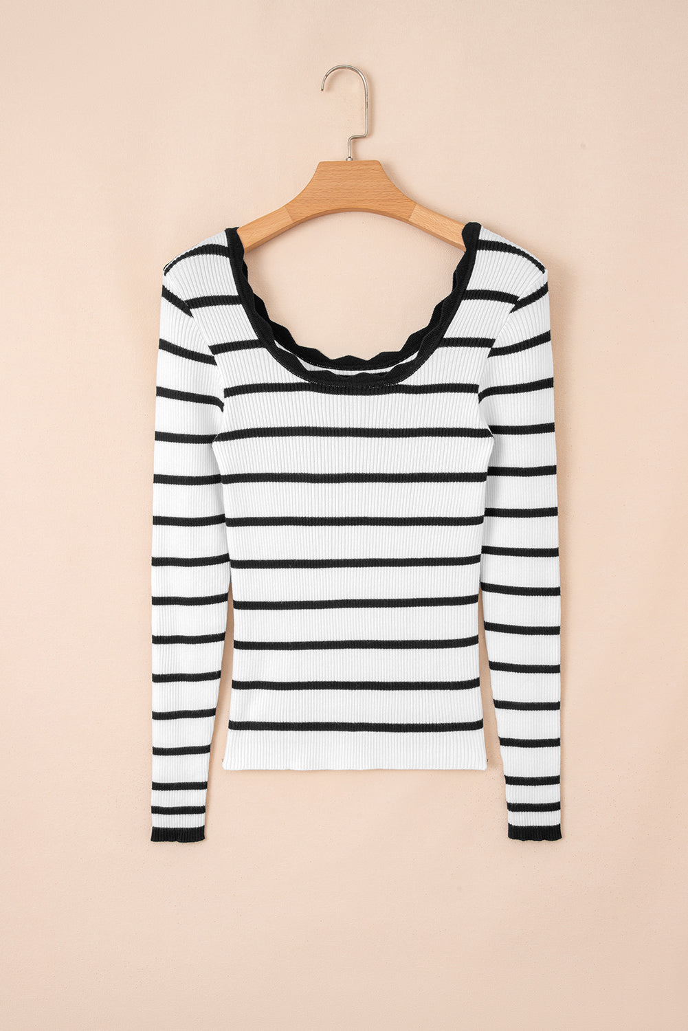 Scalloped Trim U-Neck Striped Ribbed Slim Sweater Dear-Lover Dropshipping