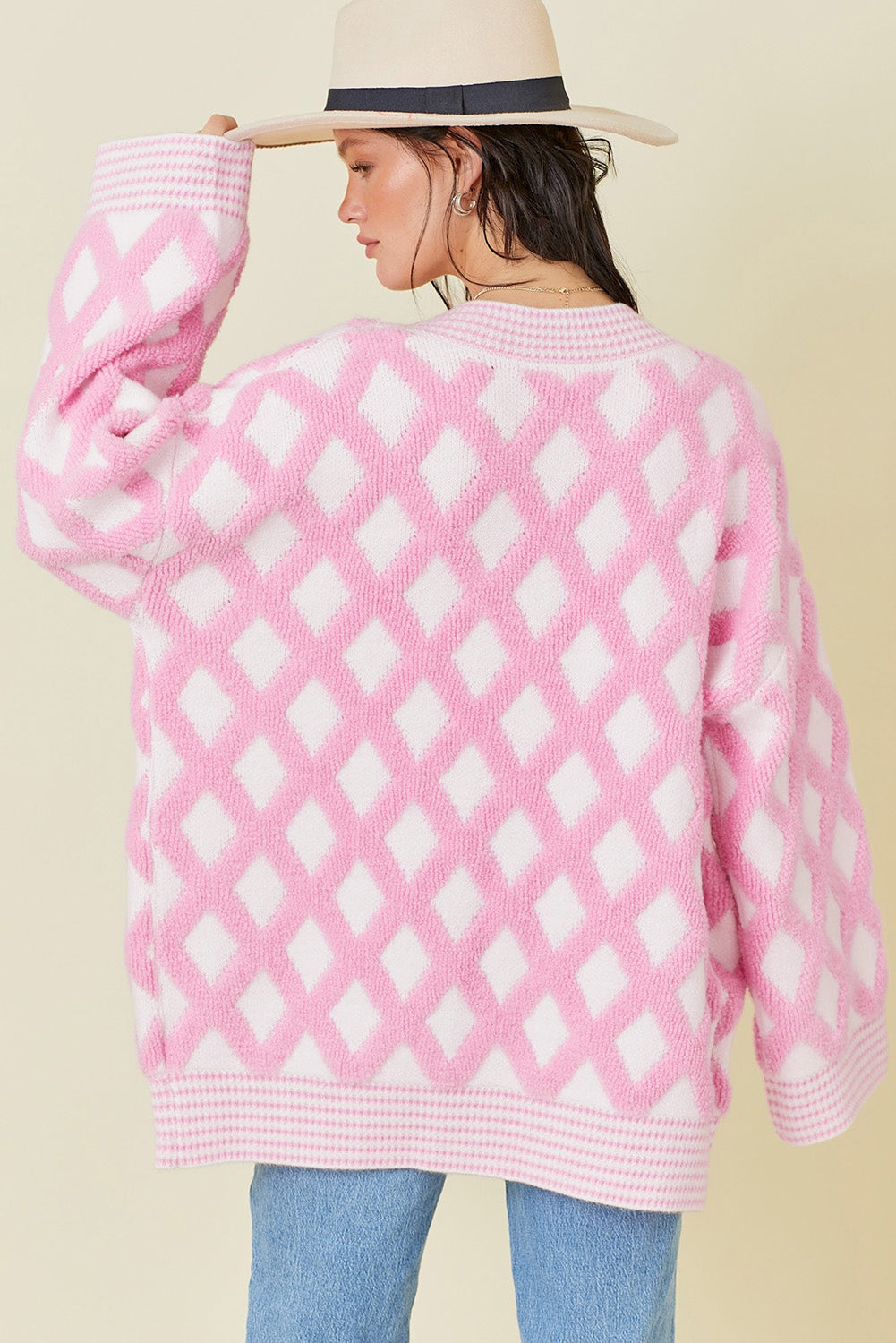 Pink Rhombus Pattern Knit Open Front Pocketed Cardigans BB Fashion Outlet