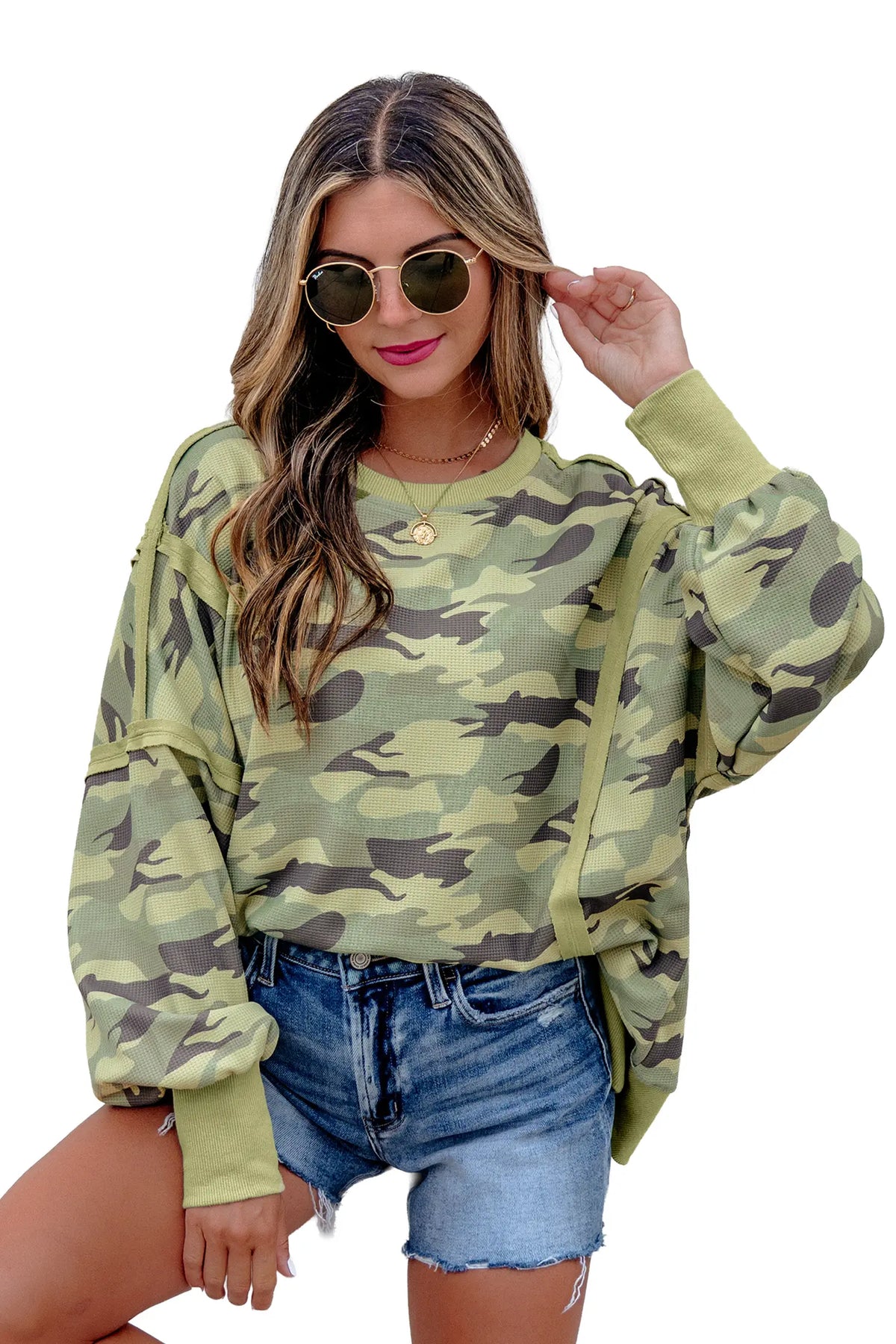 Camouflage Waffle Knit Raw Edge Contrast Trim Oversized Long Sleeve Top – Green