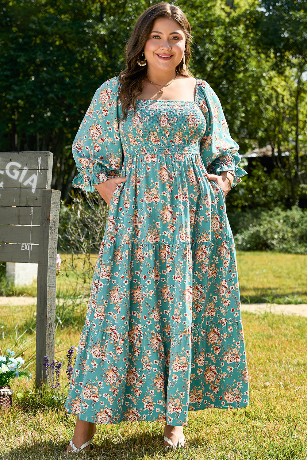Green Plus Size Floral Print Square Neck Smocked Maxi Dress BB Fashion Outlet