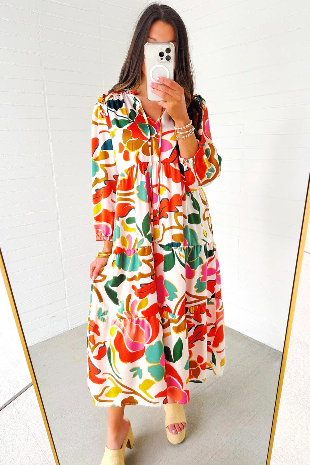 Orange Floral Print Split V Neck Tiered Maxi Dress eAura