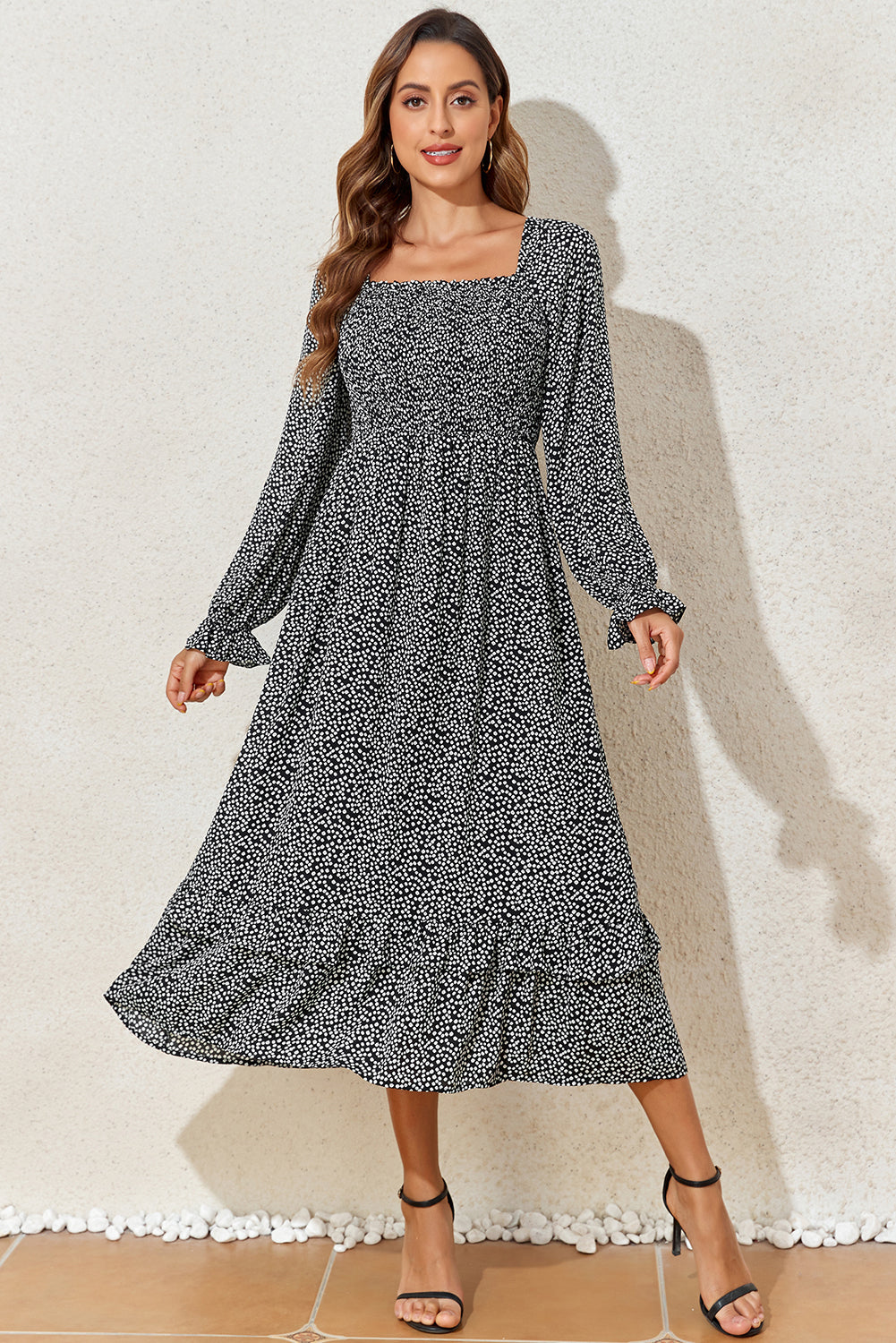 Black Floral Printed Long Sleeve Square Neck Midi Dress eAura